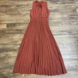 Chicwish Pleated Dress XS MIDI Rust Swiss Dot Smocked Waist Boho Cottagecore